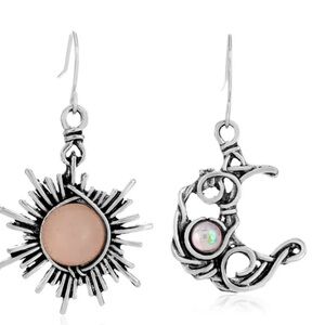 Sun and moon earrings zinc alloy pearlescent drop dangle pierced pink stone